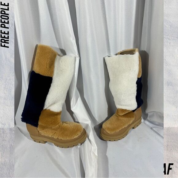 FREE PEOPLE HAPPY THOUGHTS FUR BOOTS IN CAMEL NAVY AND WHITE 37.5 EU - Picture 3 of 11